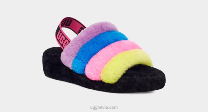 sievietes UGG pūka jā slaidu svītras Z48J846 melns/taffy rozā multi