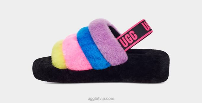 sievietes UGG pūka jā slaidu svītras Z48J846 melns/taffy rozā multi