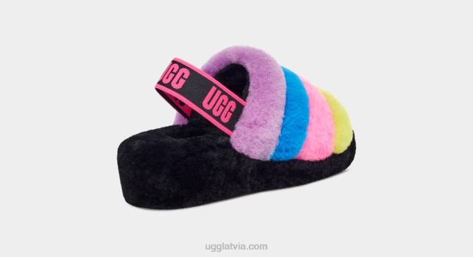 sievietes UGG pūka jā slaidu svītras Z48J846 melns/taffy rozā multi