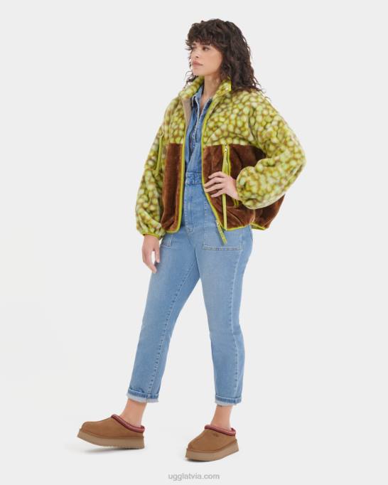 sievietes UGG Marlene print mākslīgās kažokādas jaka Z48J105 edamame plankumains